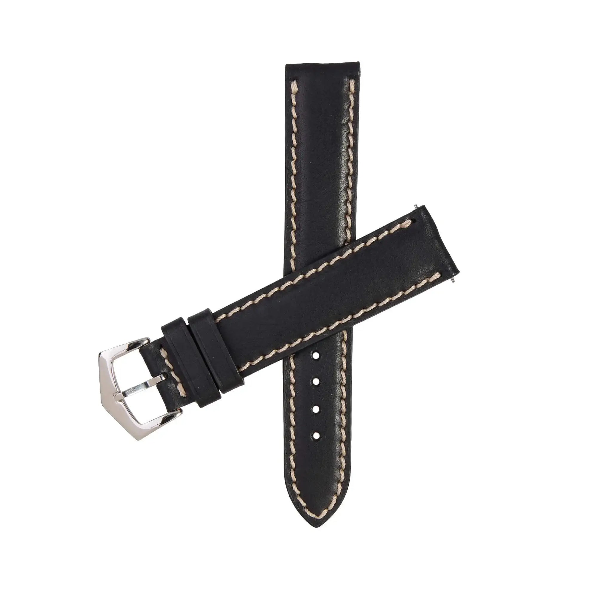 Black Premium Tuscan Vintage Watch Band with contrast stitching, handmade Italian leather strap for classic and Apple watches. Elegant and durable style.