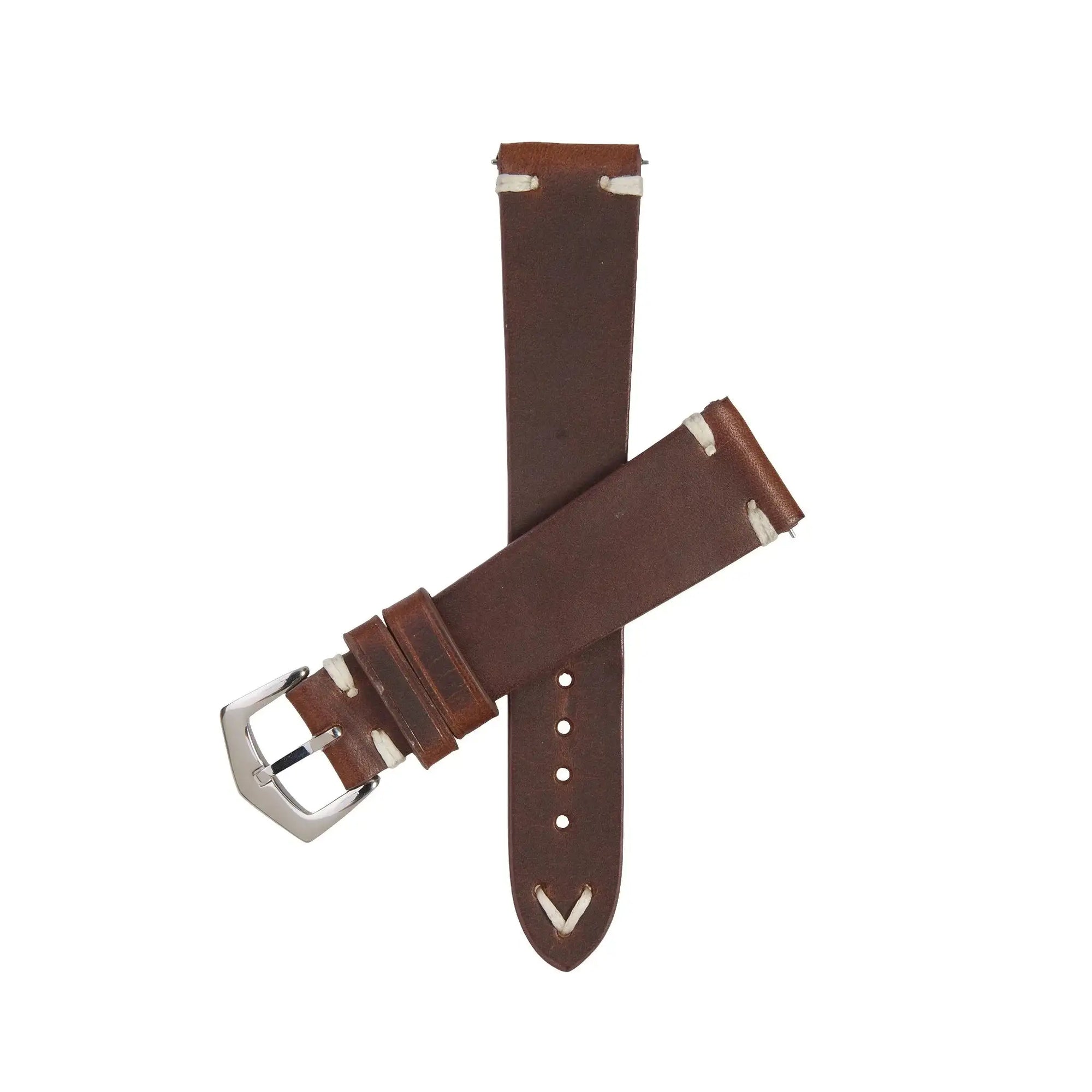 Brown Tuscan Vintage Leather Watch Band with white stitching and stainless steel buckle, ideal for classic and luxury timepieces.