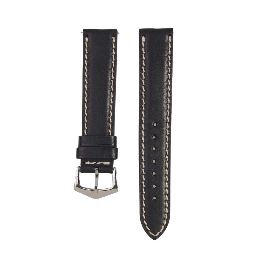 Black Premium Tuscan Vintage Watch Band with contrast stitching, handmade Italian leather strap for classic and Apple watches. Elegant and durable style.