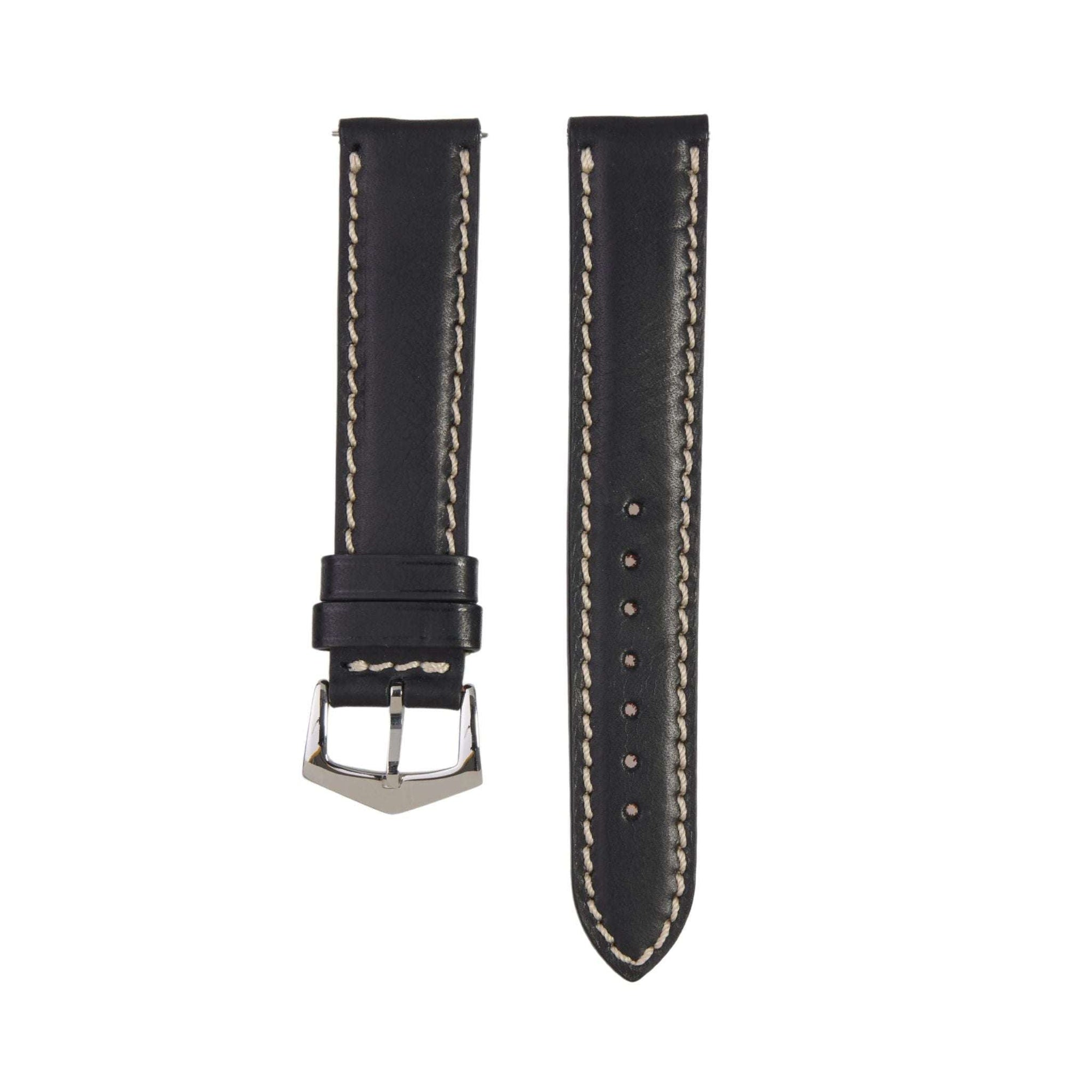 Black Premium Tuscan Vintage Watch Band with contrast stitching, handmade Italian leather strap for classic and Apple watches. Elegant and durable style.
