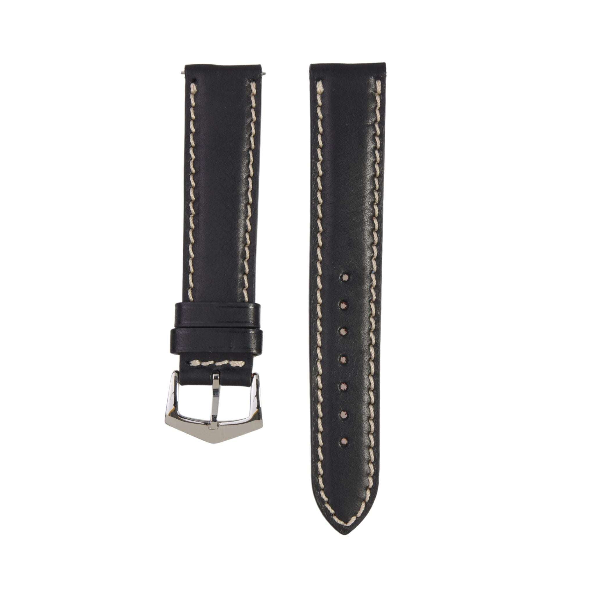 Black Premium Tuscan Vintage Watch Band with contrast stitching, handmade Italian leather strap for classic and Apple watches. Elegant and durable style.