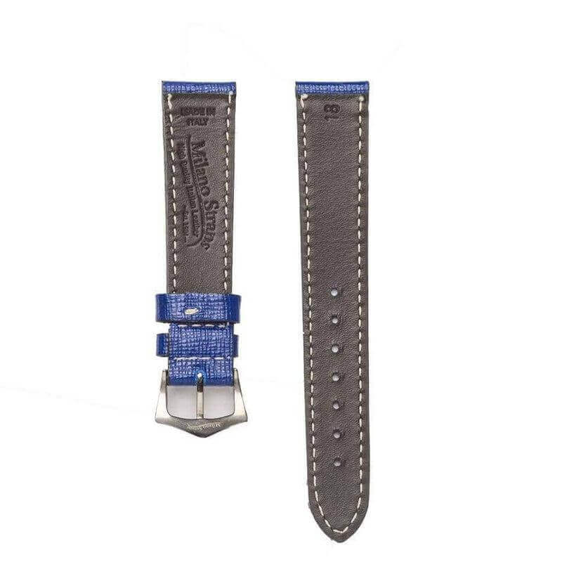 Back view of Saffiano Blue Leather Watch Strap showing Milano Straps branding and Italian craftsmanship, ideal for Apple Watch upgrades.