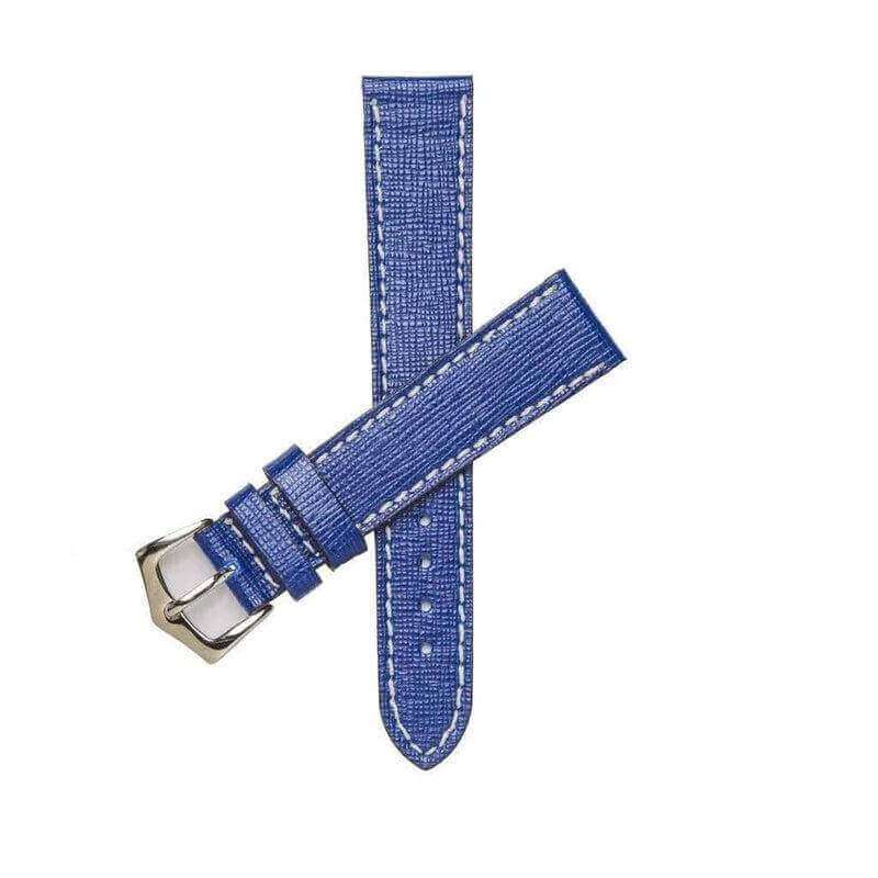 Saffiano Blue Leather Watch Strap by Milano Straps with white stitching and silver buckle, compatible with Apple Watch and available in multiple sizes.