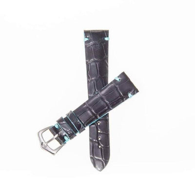 Cinturino alligatore nero 20mm con bordi azzurri dipinti a mano, pelle Louisiana conciata in Toscana — Milano Straps