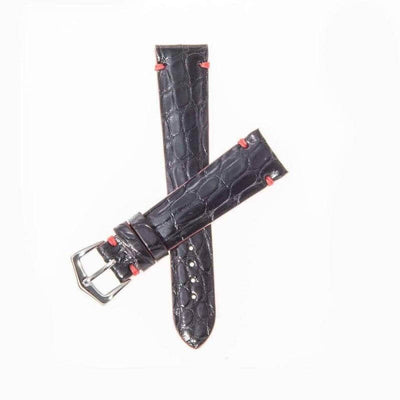 Cinturino alligatore nero 20mm bordatura rosso chiaro dipinta a mano, Made in Italy — Milano Straps