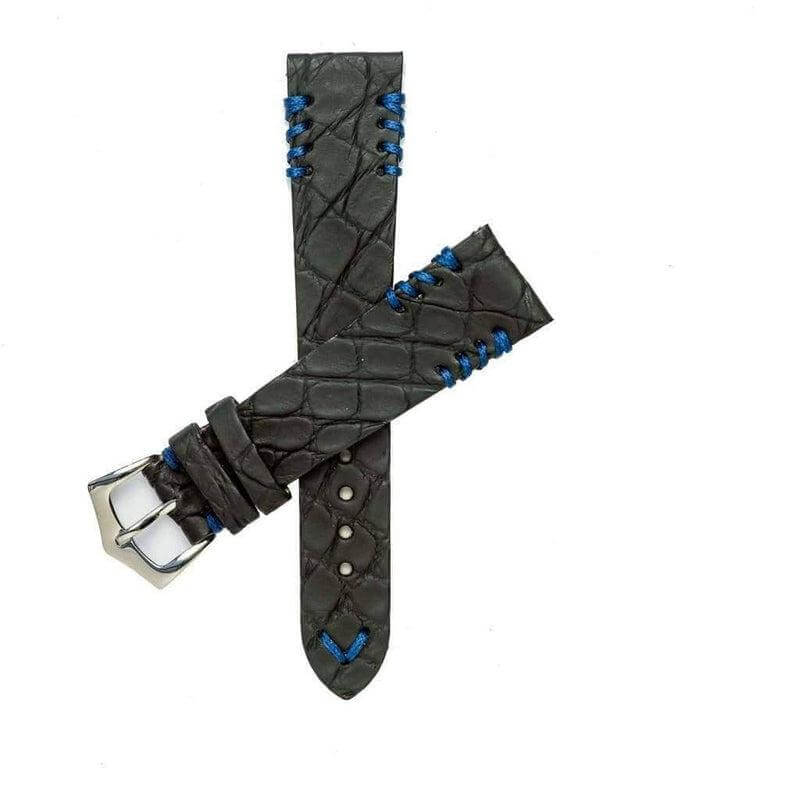 Cinturino coccodrillo gommato nero cuciture blu 20mm Made in Italy — Milano Straps
