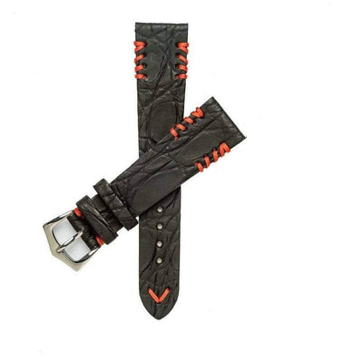 Cinturino coccodrillo gommato nero 20mm cuciture tribali rosse fatto a mano in Italia — Milano Straps