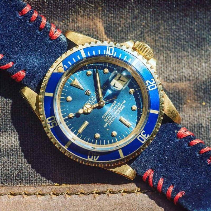 Blue Suede Watch Strap Red Tribal Stitches - Suede strap- Milano Straps