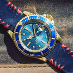 Blue Suede Watch Strap Red Tribal Stitches - Suede strap- Milano Straps