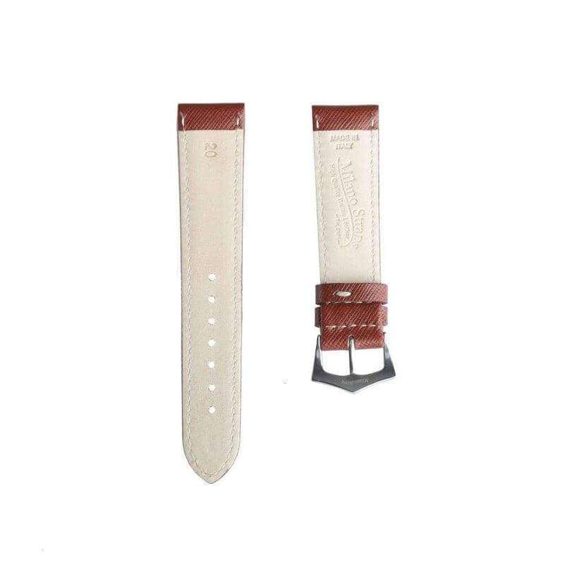 Brown Saffiano Folded Edge White Stitches Watch Strap - Leather strap- Milano Straps