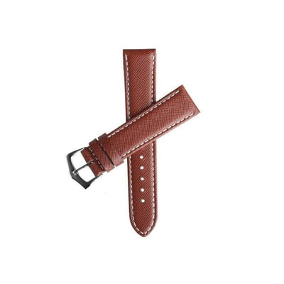 Cinturino pelle Saffiano marrone bordi ripiegati cuciture bianche 20mm — Milano Straps