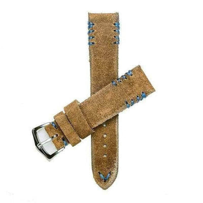 Cinturino suede marrone con cuciture tribali blu fatte a mano, disponibile in 20mm 22mm 24mm — Milano Straps