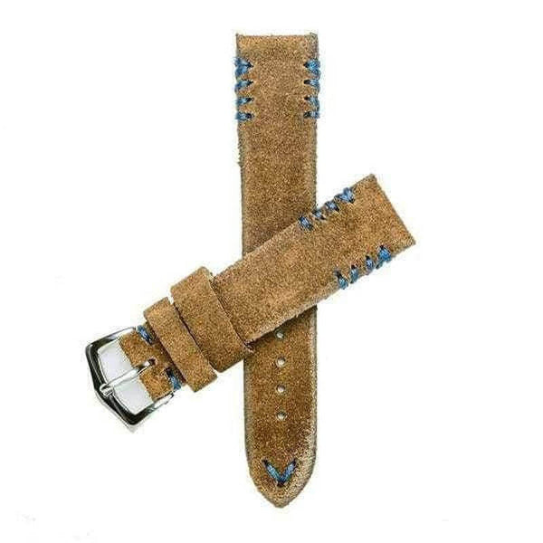 Cinturino suede marrone con cuciture tribali blu fatte a mano, disponibile in 20mm 22mm 24mm — Milano Straps