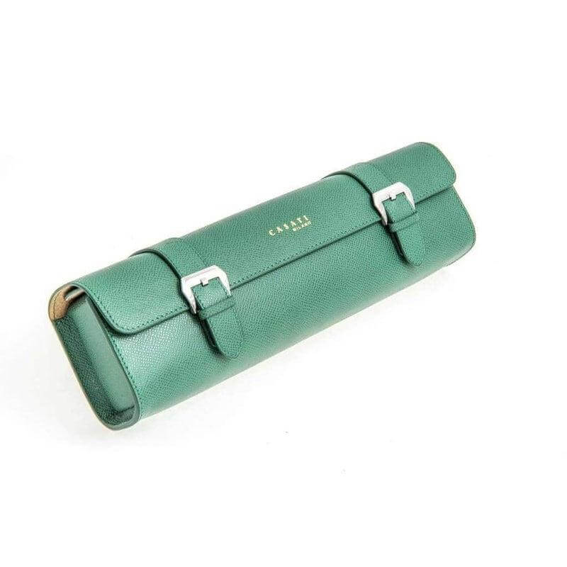Travel case rettangolare in pelle Epsom verde 30x23x7 cm fatto a mano in Italia — Casati Milano