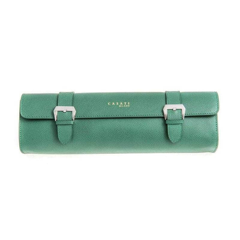 Travel case rettangolare in pelle Epsom verde 30x23x7 cm fatto a mano in Italia — Casati Milano