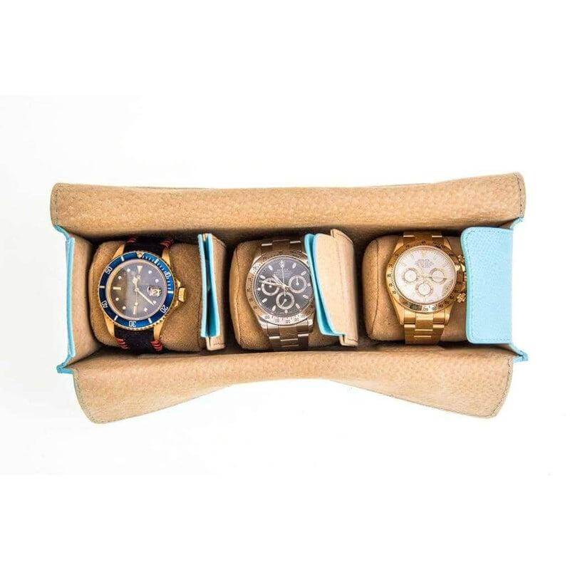 Travel case rettangolare in pelle Epsom azzurro cielo — set 3 pezzi Casati Milano, Made in Italy — Milano Straps