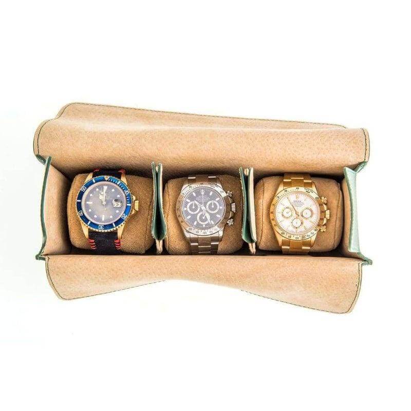 Travel case rettangolare in pelle Epsom verde Casati Milano — set tre pezzi artigianale Made in Italy