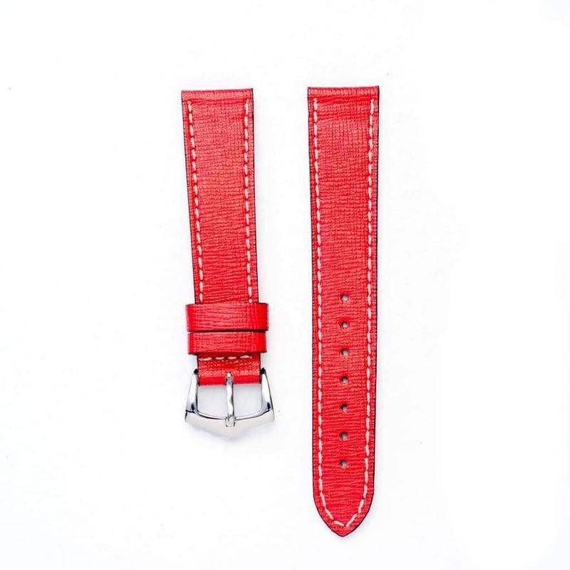 Cinturino Saffiano a trama incrociata rosso vivido con cuciture ecru contrasto sartoriale artigianale-Milano Straps