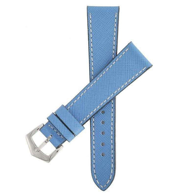 Cinturino pelle Saffiano azzurro cuciture ecru 20mm Made in Italy — Milano Straps