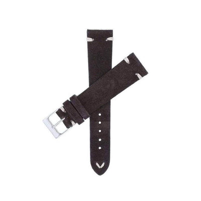 Cinturino suede vintage marrone scuro con cuciture ecru, disponibile 18-24mm — Milano Straps