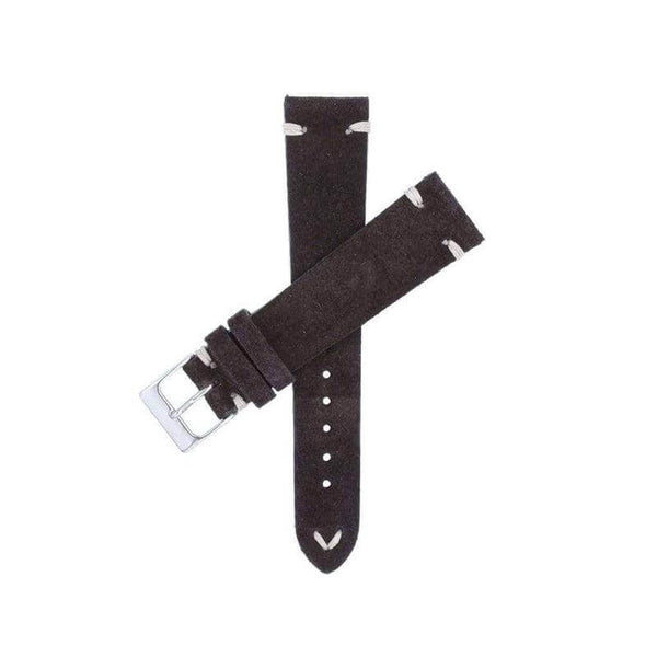 Cinturino suede vintage marrone scuro con cuciture ecru, disponibile 18-24mm — Milano Straps
