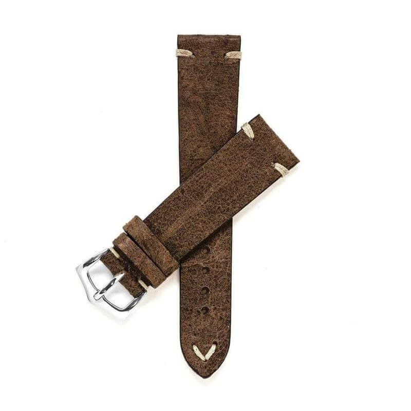 Cinturino in pelle vintage marrone scuro spazzolato a mano, cuciture ecru — Milano Straps