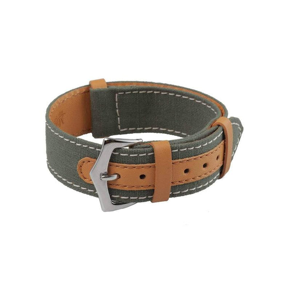 Cinturino militare canvas verde e pelle marrone 20-22mm pezzo unico cucito écru — Milano Straps