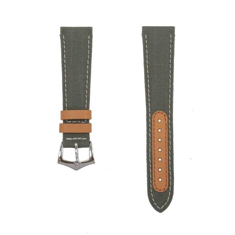 Cinturino canvas verde e pelle marrone 20mm cuciture ecru artigianale Made in Italy — Milano Straps