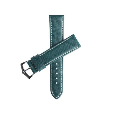 Cinturino saffiano verde bordo risvoltato cuciture bianche 20mm — Milano Straps