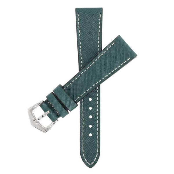 Cinturino in pelle saffiano verde con cuciture ecru 20mm artigianale — Milano Straps