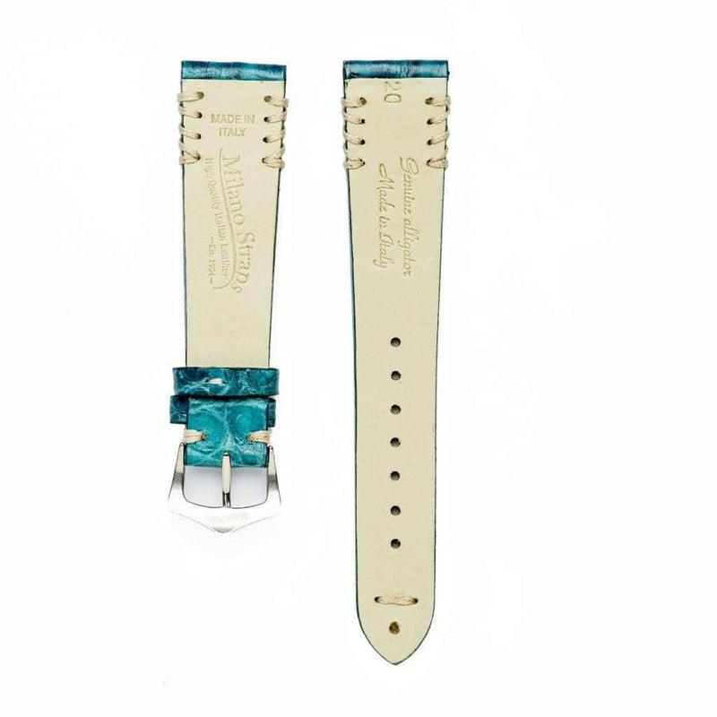 Armband aus Alligator hellblau 20mm mit ecrufarbenen Tribal-Nähten — Milano Straps