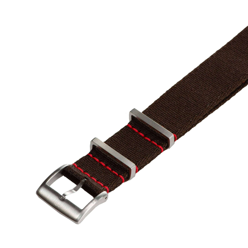 Eco-Friendly  Nylon Military  Watch Strap - Brown Red Stitches - Recycled Military Watch Straps- Milano Straps