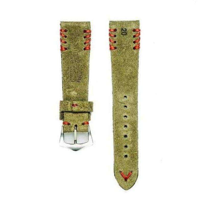 Military Green Suede Vintage Watch Strap Tribal Red Stitches - Suede strap- Milano Straps