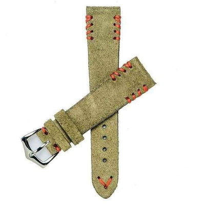 Cinturino suede verde militare cuciture rosse 20mm vintage artigianale Made in Italy — Milano Straps