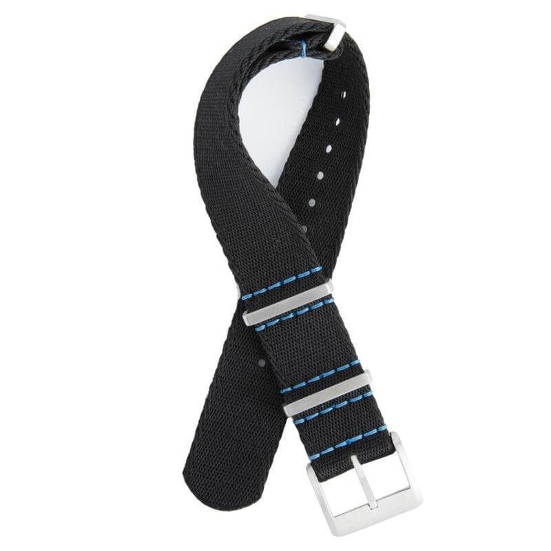 Eco-Friendly Nylon Military Watch Strap -  Black Blue Stitches - Recycled Military Watch Straps- Milano Straps