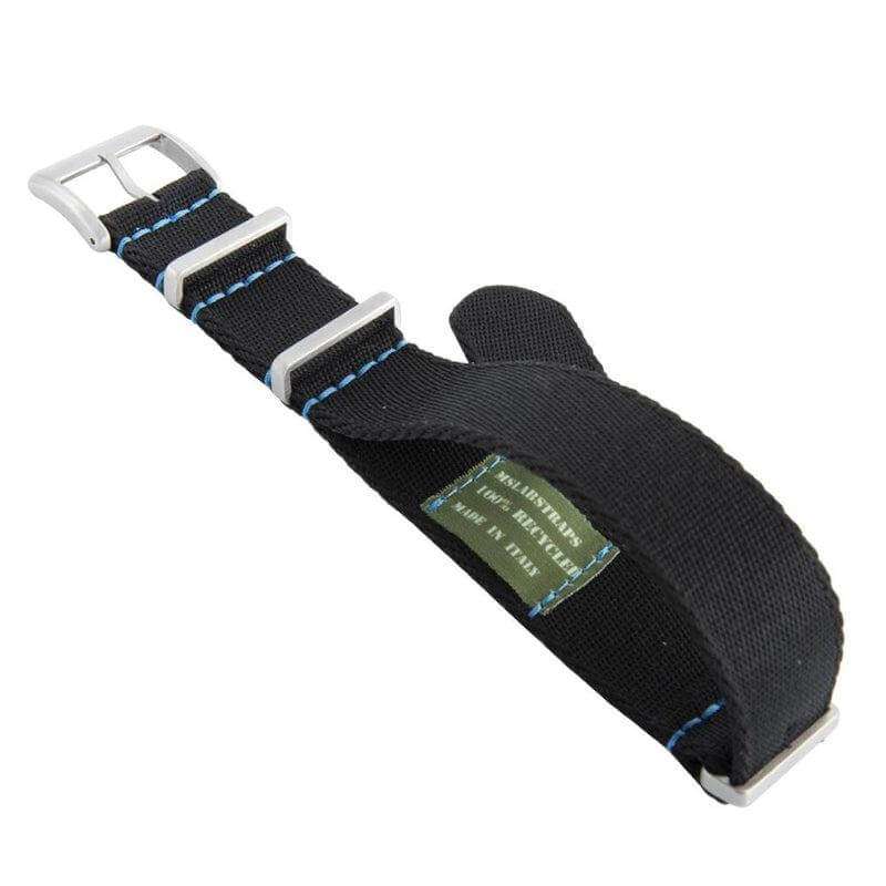 Eco-Friendly Nylon Military Watch Strap -  Black Blue Stitches - Recycled Military Watch Straps- Milano Straps