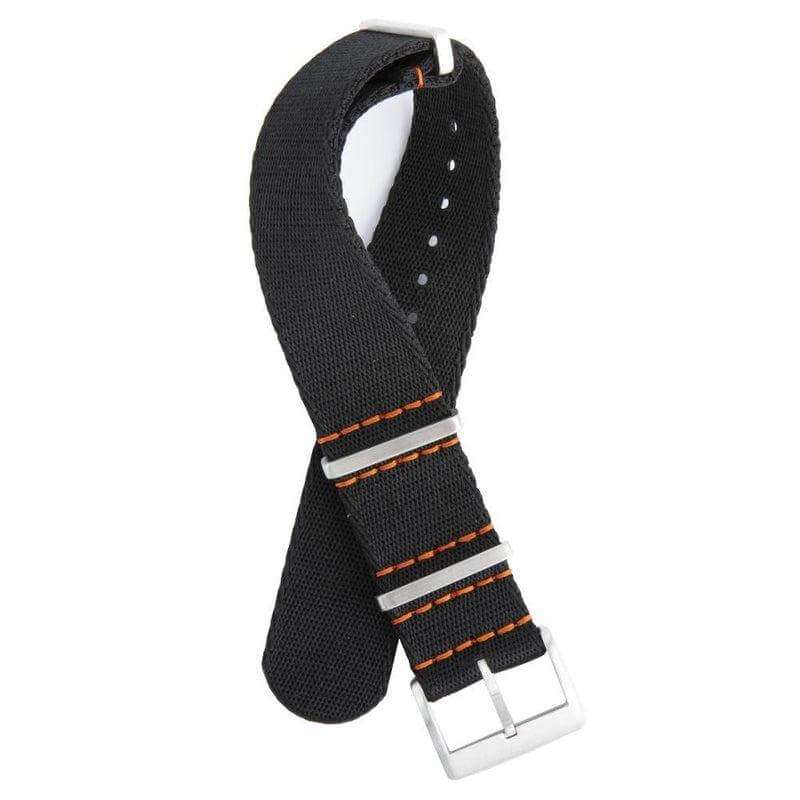 Eco-Friendly  Nylon Military  Watch Strap -  Black Orange Stitches - Recycled Military Watch Straps- Milano Straps