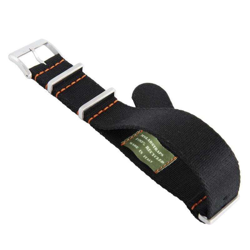 Eco-Friendly  Nylon Military  Watch Strap -  Black Orange Stitches - Recycled Military Watch Straps- Milano Straps