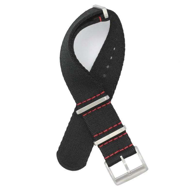 Eco-Friendly  Nylon Military  Watch Strap -  Black Red Stitches - Recycled Military Watch Straps- Milano Straps