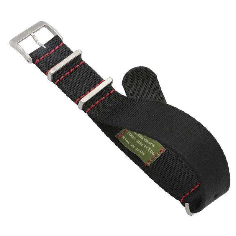 Eco-Friendly  Nylon Military  Watch Strap -  Black Red Stitches - Recycled Military Watch Straps- Milano Straps