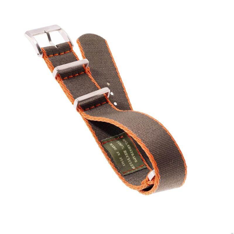 Eco-Friendly Nylon Military  Watch Strap -  Dark Green - Orange Borders - Recycled Military Watch Straps- Milano Straps