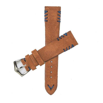 Cinturino suede ruggine con cuciture tribal blu, disponibile in 20mm 22mm 24mm — artigianale Made in Italy Milano Straps