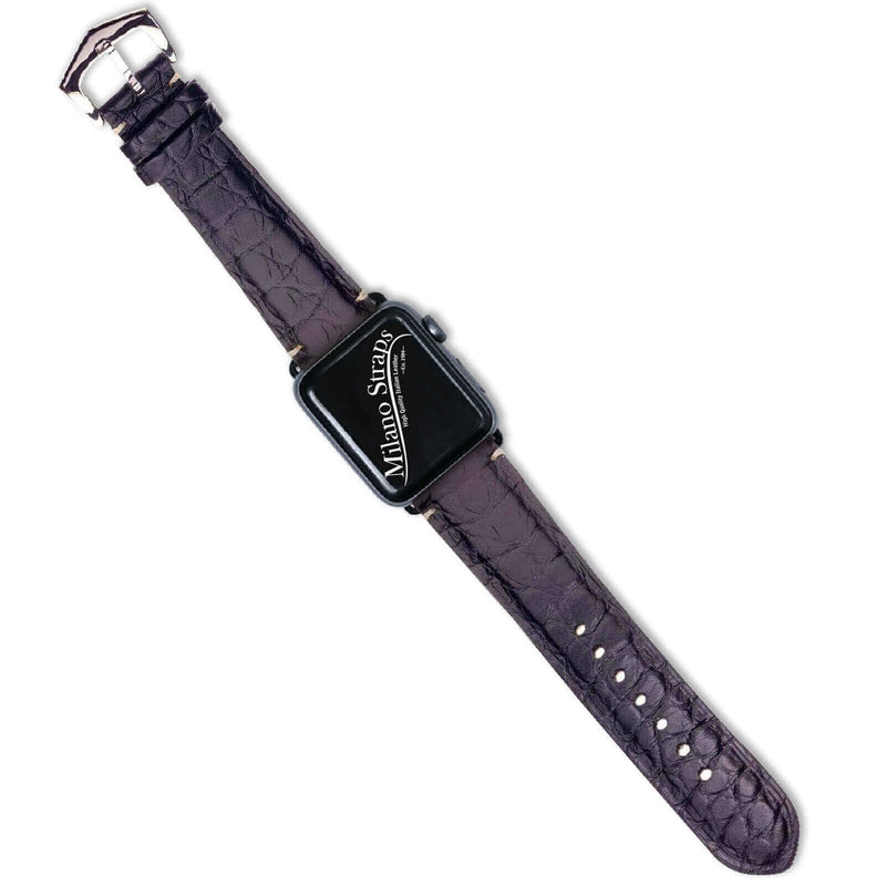 Cinturino Apple Watch in pelle di alligatore nero opaco con cuciture minimali — Milano Straps
