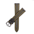 Cinturino pelle vitello nero cuciture gialle bordi bruciati stile racing — Milano Straps