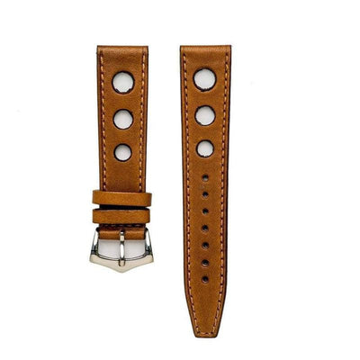 Cinturino rally cognac in pelle di vitello italiana con perforazioni racing — Milano Straps