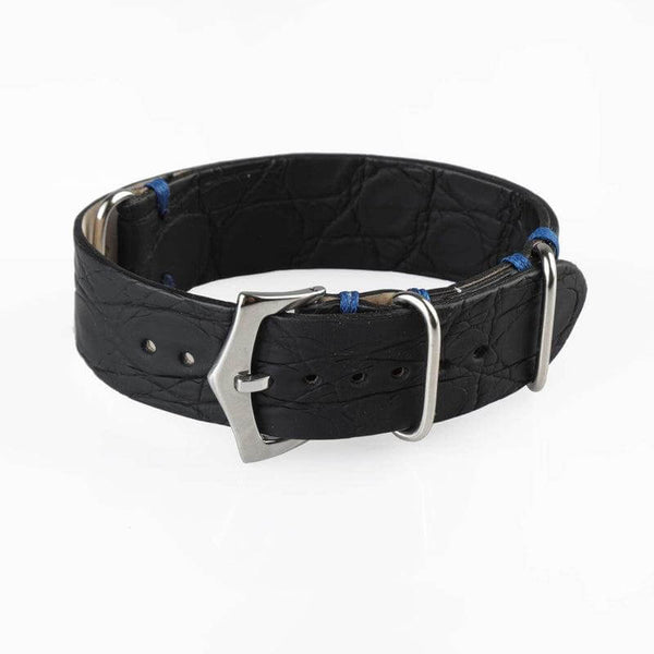 Cinturino militare alligatore nero cucitura blu 20mm one-piece Made in Italy — Milano Straps