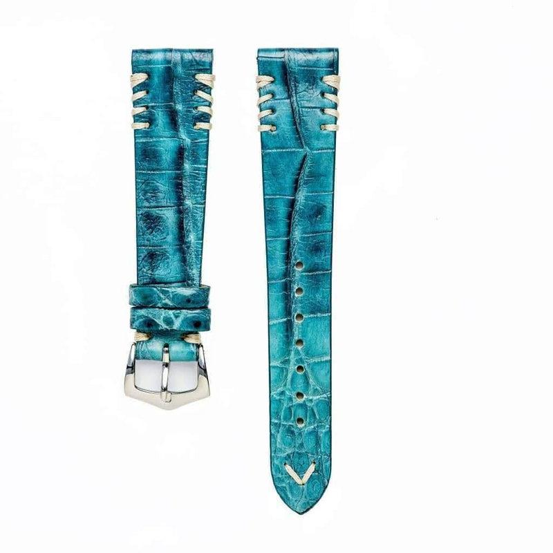 Armband aus Alligator hellblau 20mm mit ecrufarbenen Tribal-Nähten — Milano Straps