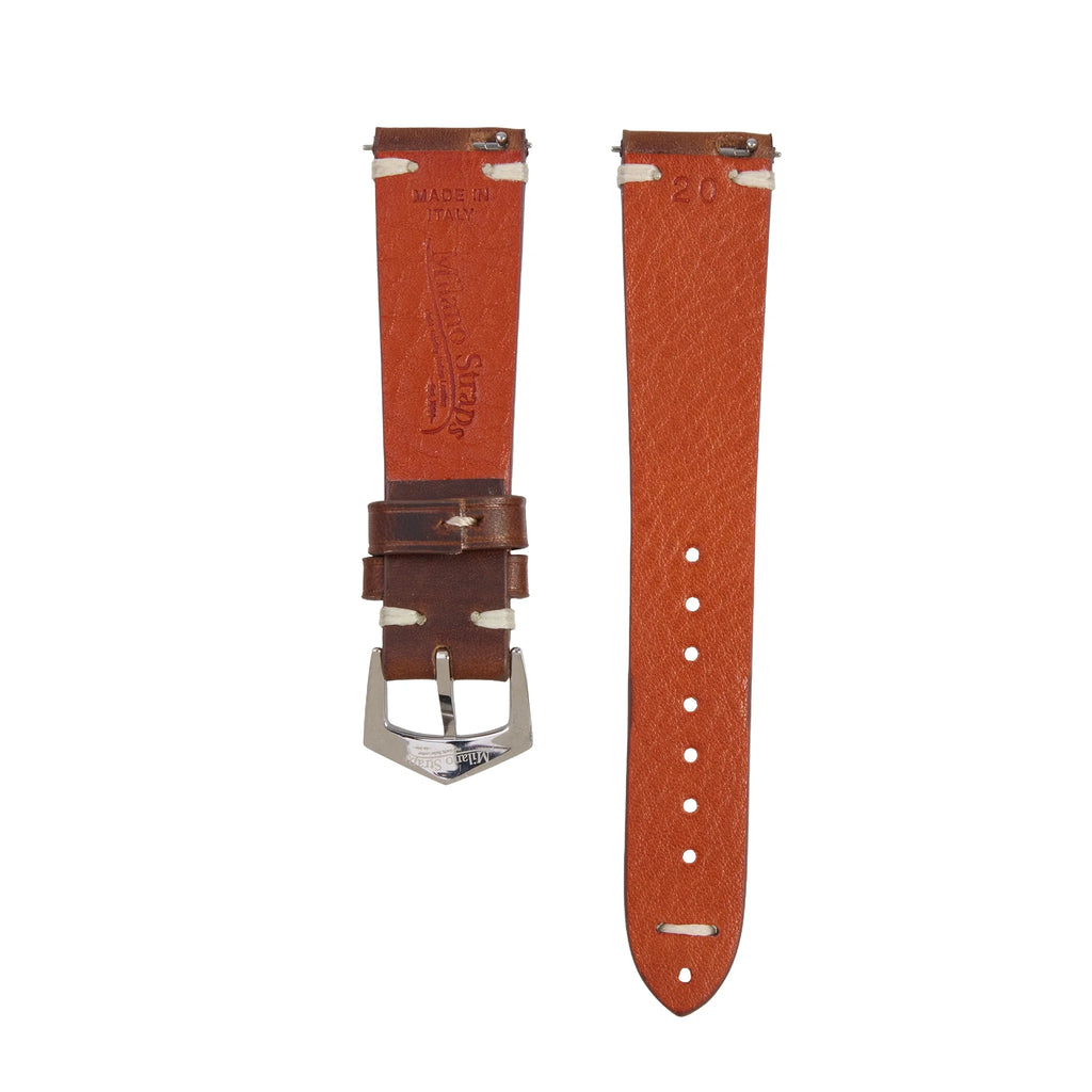 Back view of Brown Tuscan Vintage Leather Watch Band showing 'Made in Italy' stamp and textured leather lining for durability.