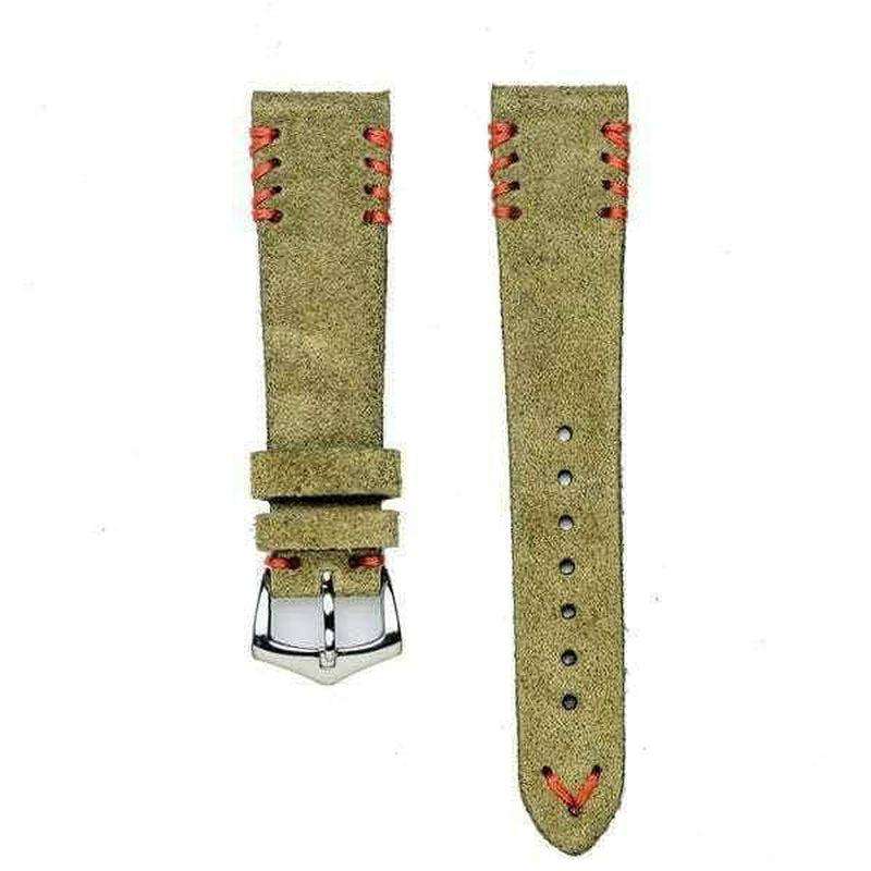 Military Green Suede Vintage Watch Strap Tribal Red Stitches - Suede strap- Milano Straps