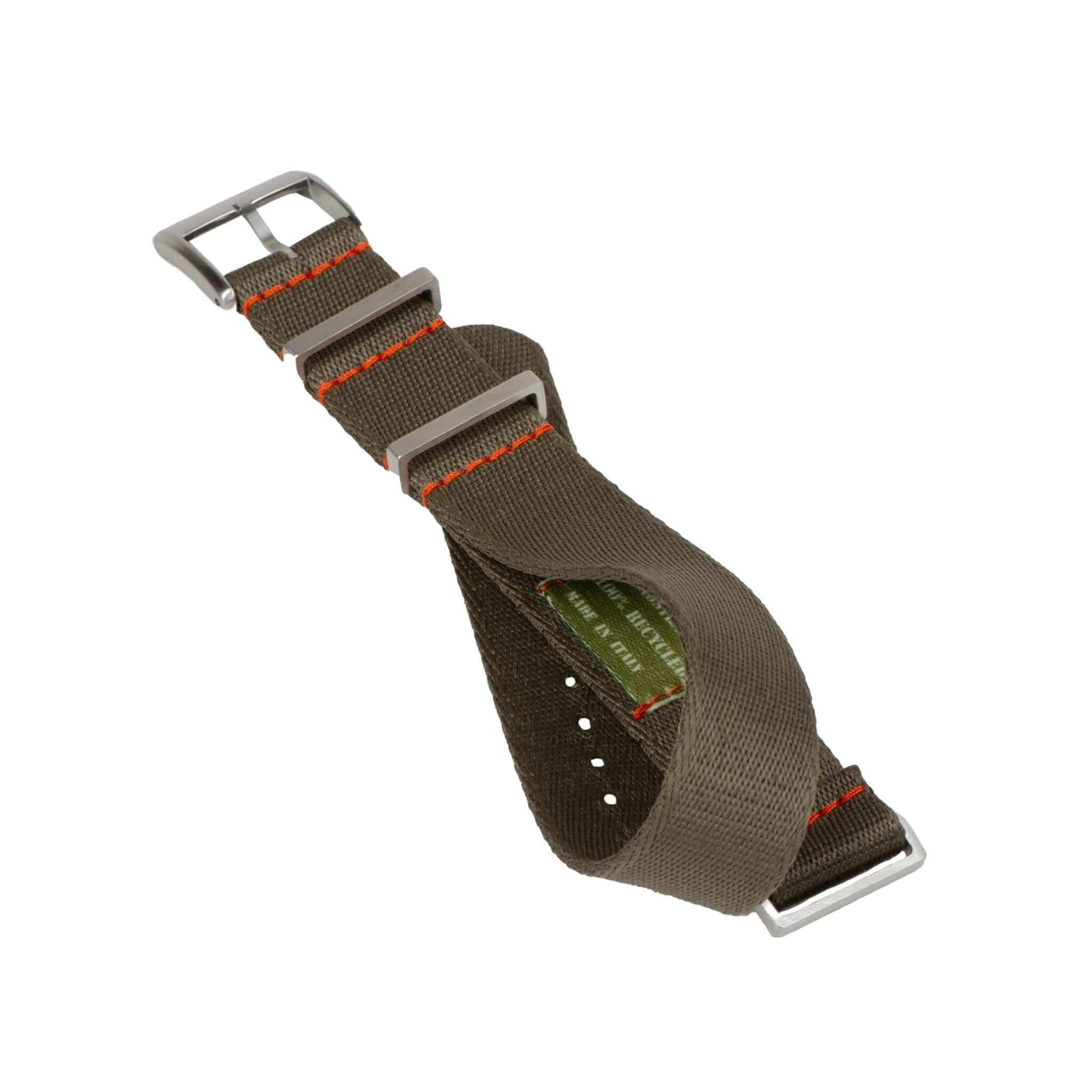 Eco-Friendly  Nylon Military  Watch Strap -  Dark Green  Orange Stitches - Recycled Military Watch Straps- Milano Straps